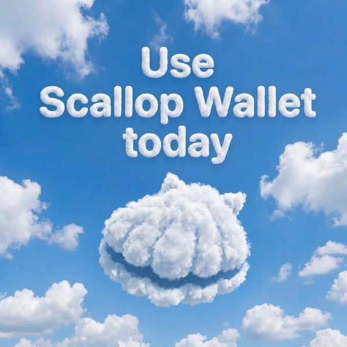 A promotional image featuring fluffy cloud text reading "Use Scallop Wallet today" above a scallop-shaped cloud against a blue sky.