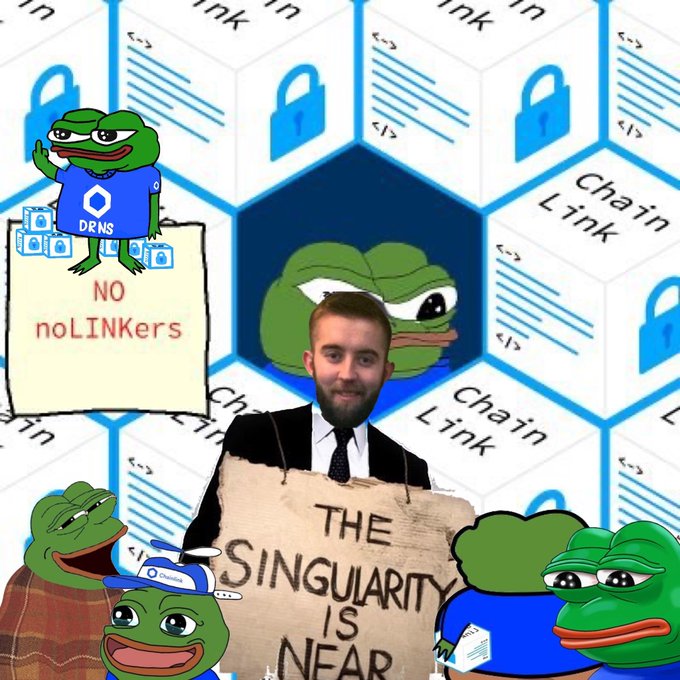A collage featuring a man holding a sign reading 'THE SINGULARITY IS NEAR' surrounded by various Pepe the Frog meme variants and Chainlink (LINK) logos with padlock icons.