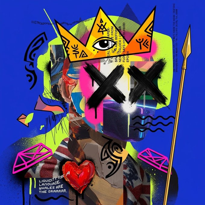 A colorful mixed-media style digital artwork featuring a figure with a VR-style headset marked with X's, wearing a yellow crown, with text reading 'LIQUIDITY IS LANGUAGE, WHALES ARE THE GRAMMAR.' on the chest.