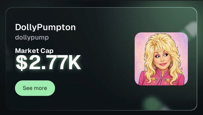 A cryptocurrency token listing for 'DollyPump' (dollypump) showing a market cap of $2.77K with a cartoon illustration of Dolly Parton in a pink star-decorated outfit.