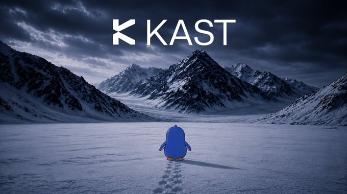 A promotional image for 'KAST' featuring a small blue penguin standing alone on a vast snowy landscape with dark mountains and a cloudy sky in the background.