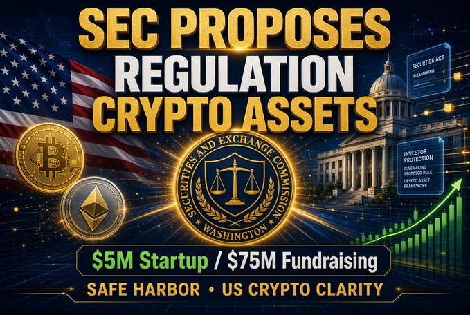 A graphic with the text 'SEC PROPOSES REGULATION CRYPTO ASSETS', '$5M Startup / $75M Fundraising', and 'SAFE HARBOR • US CRYPTO CLARITY', featuring Bitcoin and Ethereum logos and the SEC seal.