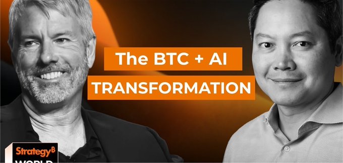 Promotional graphic for 'The BTC + AI TRANSFORMATION' featuring two men in black and white with orange text overlay, from Strategy of the World.