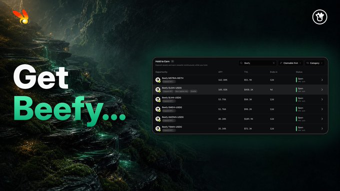 Promotional banner with the text 'Get Beefy...' next to a list of 'Hold to Earn' opportunities showing various tokens like beSUI, GM, and ankrBNB with their APY, TVL, and ending times.