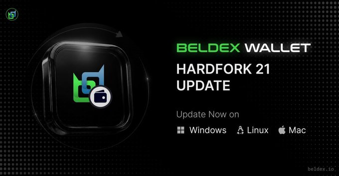 A black promotional banner for 'BELDEX WALLET' announces a 'HARDFORK 21 UPDATE' available on Windows, Linux, and Mac, featuring an icon of a safe.