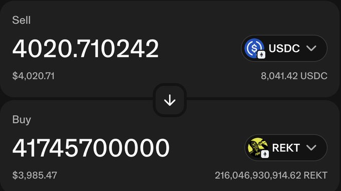 A cryptocurrency swap interface showing a trade of 8,041.42 USDC for 216,046,930,914.62 REKT tokens (priced at $3,985.47), illustrating the poster's strategy of rotating profits into the $REKT token.