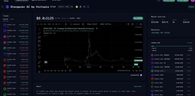 A screenshot of a cryptocurrency trading dashboard titled 'Stargazer AI by Virtuals' showing the $STAR token chart with a price of $0.03125, alongside market statistics and holder information.