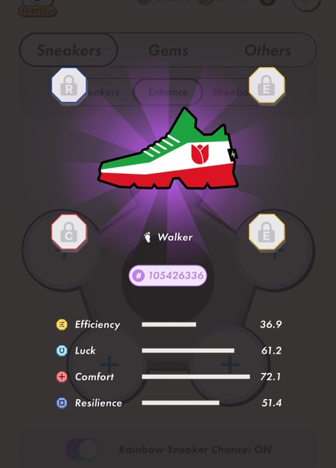 The image shows a screenshot of an app called "Rainbow Sneaker Chance", which appears to be a game or challenge related to sneakers. The main focus of the image is a pair of shoes, possibly a sneaker with a green, red, and white design on it. There are also other objects in the image such as a lock and a padlock, but they do not seem to have any direct connection to the app or its purpose.