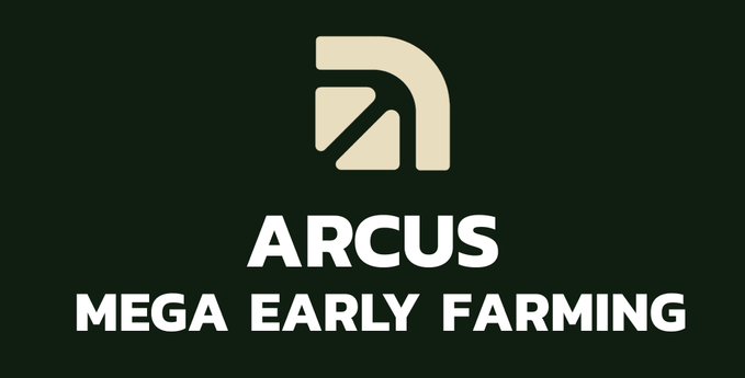 A logo featuring a stylized 'A' design above the text 'ARCUS MEGA EARLY FARMING' in cream letters on a dark background.