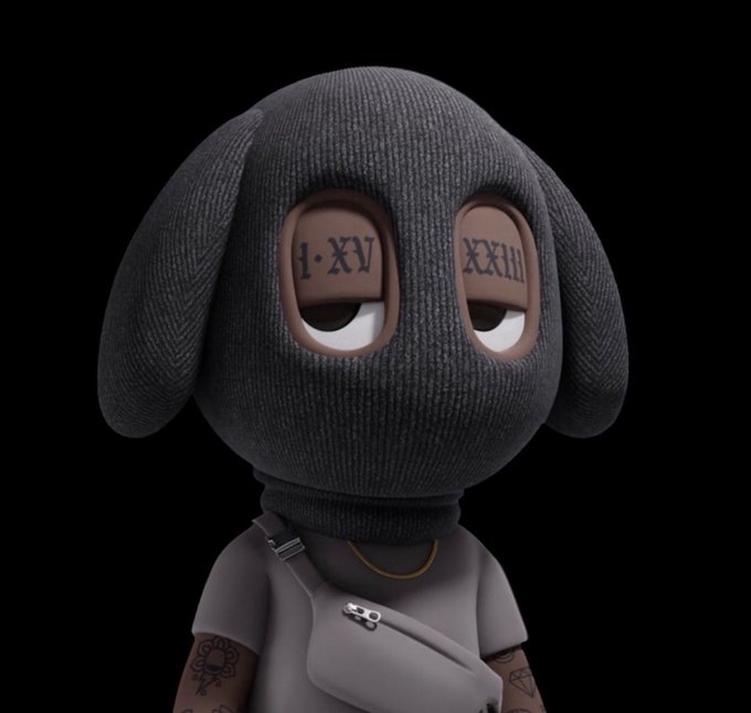 A 3D-rendered character wearing a black knit balaclava with Roman numeral tattoos on the eyelids (I·XV and XXIII), dressed in a grey shirt with a crossbody bag and gold chain, featuring arm tattoos.