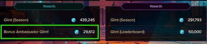 A screenshot of a video game 'Rewards' screen showing 'Glint (Season)' and 'Bonus Ambassador Glint!' amounts, with the bonus reward of 29,612 highlighted by a green box.