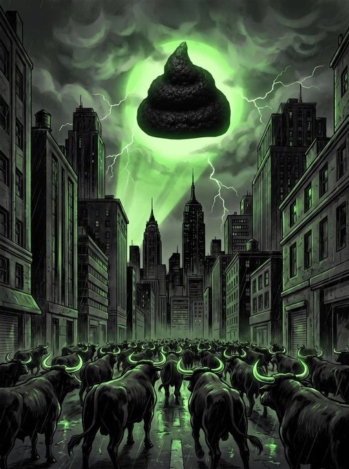 A surreal, ominous scene depicts a herd of black bulls with glowing green horns stampeding through a dark city street beneath a sky dominated by a giant, turd-shaped meteor surrounded by eerie green light and lightning.

The image powerfully visualizes the post's message by merging two opposing financial symbols—charging bulls representing a bullish market with a literal "bullshit" meteor crashing down, humorously suggesting that unchecked bullish conviction may be built on something worthless or doomed to collapse.