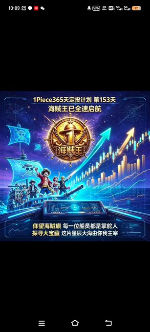Mobile screen showing Chinese text '1Piece365天定投计划 第153天' (1Piece 365-day fixed investment plan Day 153) with a One Piece-themed graphic featuring the Straw Hat crew, a compass emblem, and an ascending chart with cryptocurrency symbols.
