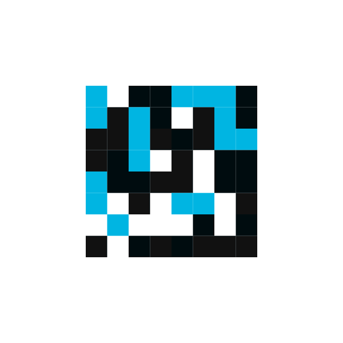 An abstract pixel art pattern composed of cyan, black, and white squares.