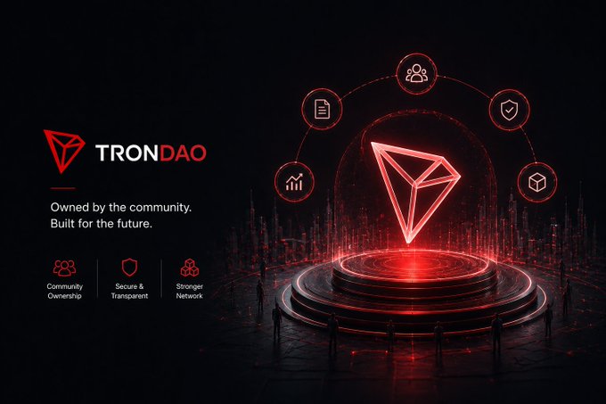 A promotional graphic for TRONDAO with the tagline 'Owned by the community. Built for the future.' featuring a red glowing TRON logo on a pedestal with icons representing Community Ownership, Secure & Transparent, and Stronger Network.