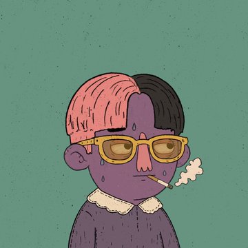 A cartoon illustration of a person with half-pink, half-black hair, wearing yellow glasses and a purple sweater, sweating and smoking a cigarette against a green background.