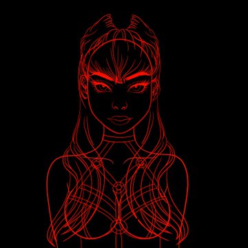 A stylized red line-art portrait of a female figure with glowing red eyes and horns set against a black background.