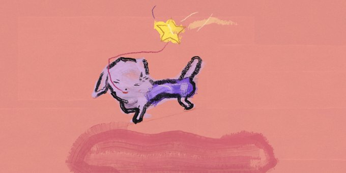 A simple digital drawing of a purple cat holding a yellow star on a pink background.