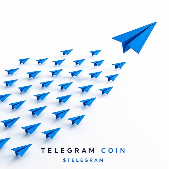 A promotional graphic for "TELEGRAM COIN" ($TELEGRAM) featuring numerous blue paper airplanes flying in formation against a white background.