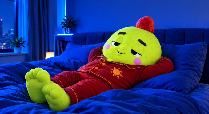 A green plush character with a small red tuft of hair, wearing red pajamas with a sun emblem, lies on a blue bed in a dimly lit room with a city skyline visible through the window.