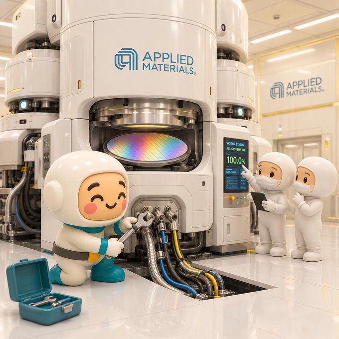 A stylized illustration showing cartoon characters in cleanroom suits working on an Applied Materials semiconductor wafer fabrication machine, with one holding a wrench near a silicon wafer displaying a rainbow diffraction pattern, and another monitoring a screen reading '100.0%'.