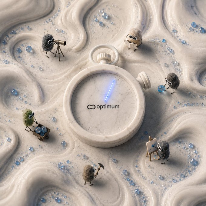 A whimsical 3D-rendered illustration features a large white pocket watch with the word "optimum" on its face, surrounded by small fuzzy creatures with various accessories on a marbled, cream-colored surface with blue accents.