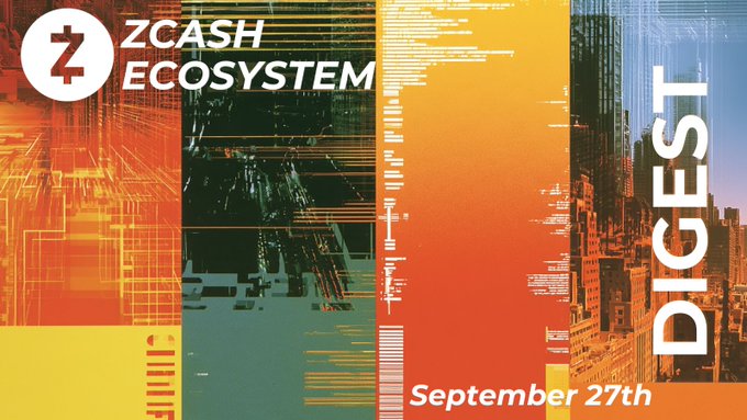 A graphic for the ZCASH ECOSYSTEM titled 'DIGEST' dated September 27th, featuring an orange-toned cityscape design with glitch effects.