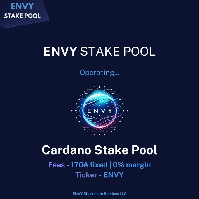 The post shows an advertisement for a cryptocurrency pool called "Envy Stake Pool" operated by @Cardano Community ENVY, LLC. It says that they are now offering fees of 170/A fixed price of 0% margin. The post also mentions that this is not a typical Peer-to-Peer (P2P) cryptocurrency lending platform and focuses on the pool's transparency in terms of fees and its low-risk approach to cryptocurrency transactions, which can benefit anyone looking to invest or lend cryptocurrencies.