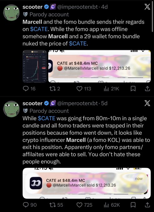 Two tweets from parody account 'scooter' (@imperooterxbt) claiming crypto influencer Marcell allegedly manipulated the price of $CATE by selling during a platform outage, with charts showing CATE at $48.4m market cap.