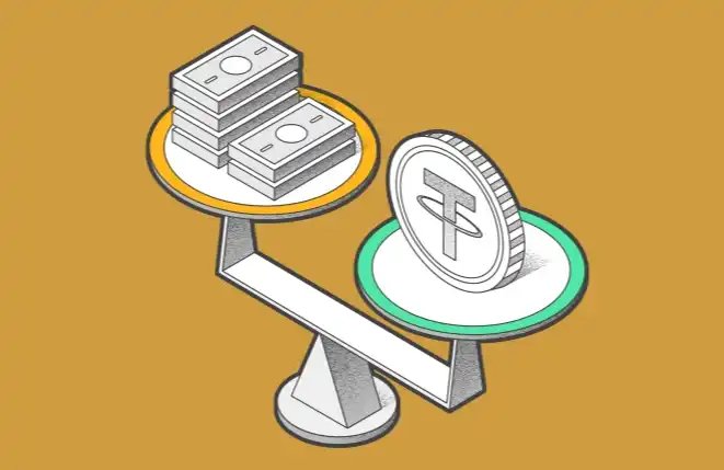 An illustration on a yellow background showing a balance scale weighing a stack of paper money on one side against a large coin with a 'T' symbol on the other.