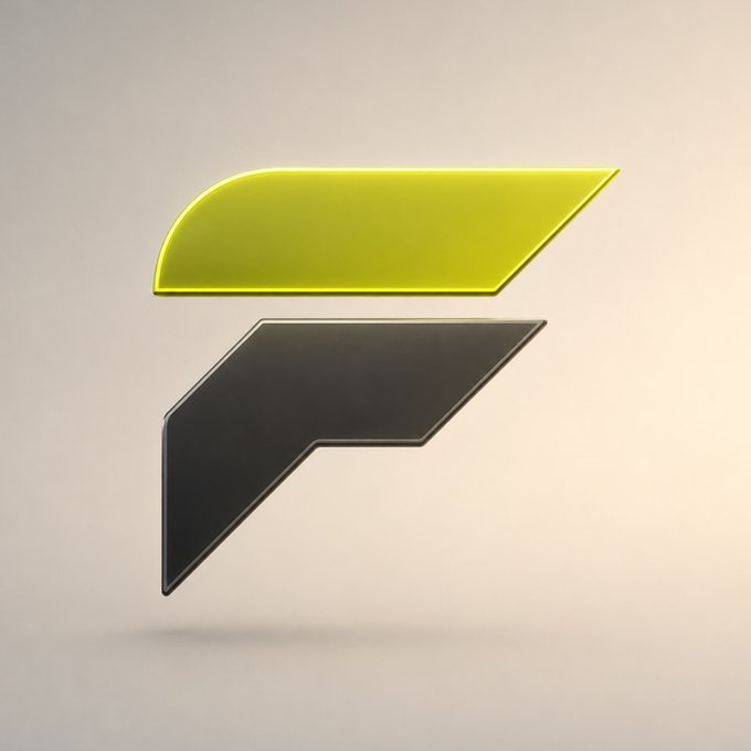 A 3D rendered logo featuring a stylized letter 'F' composed of two angular shapes - a yellow-green upper portion and a dark gray/black lower portion - floating against a neutral beige gradient background.