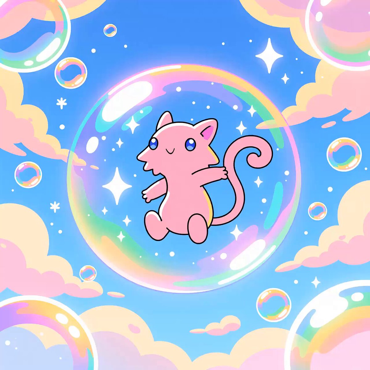The image features a pink cartoon cat sitting inside a bubble filled with rainbow-colored bubbles against a blue sky background. The caption of the image reads, "probably somethings @Doodlemon151 by @JR_OnChain 151 Gen1 Doodlemon are doodles inspired Pokémon coming on ethereum". This post seems to be an artistic representation or illustration of Pokémon characters and their habitats in a creative and whimsical manner.