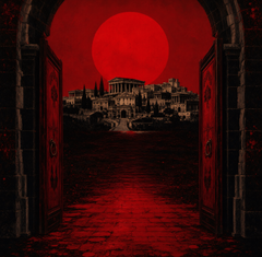 A dark, atmospheric digital artwork showing an arched doorway opening to reveal a glowing red moon over a city skyline with classical architecture.