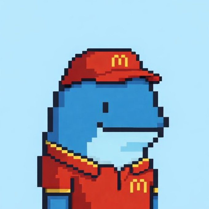 Pixel art of a blue dinosaur wearing a red McDonald's uniform and cap with the yellow 'M' logo, against a light blue background.