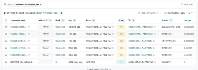 An Etherscan transaction list showing recent ETH transfers from address 0xb749B54E...B47BC27aE.