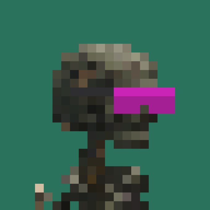 A highly pixelated side-profile rendering of a dark figure or character with a bright magenta rectangular block, displayed against a dark green background.