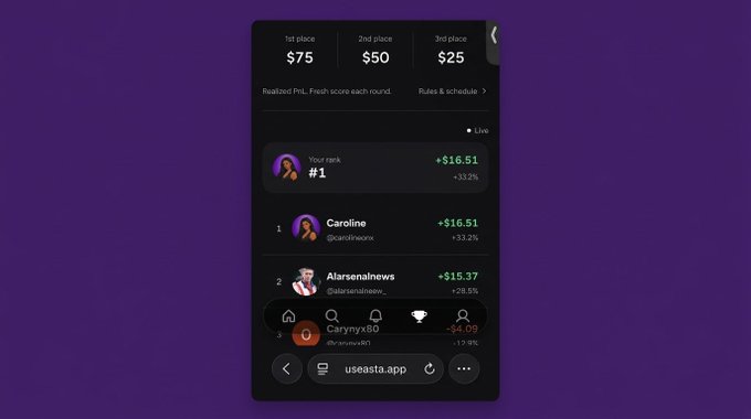 A dark-themed mobile app interface displayed on a purple background showing a leaderboard for a prediction game, with 1st place $75, 2nd place $50, 3rd place $25, and a ranking list featuring users like 'Caroline' (@carolinewxn) at #1 with +$16.51.