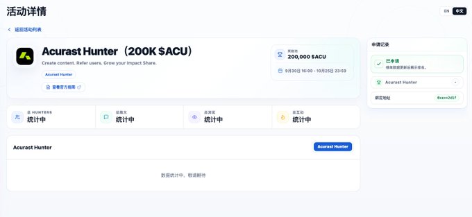 A Chinese web interface showing an 'Acurast Hunter' activity page with a prize pool of 200,000 SACU, with event dates 9月30日 16:00 - 10月2日 23:59.