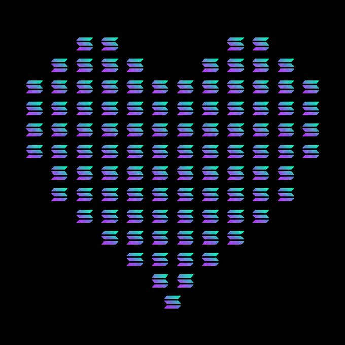 A pixelated heart composed of glowing purple and teal Solana logo "stack" symbols radiates against a black background, visually expressing affection for the Solana blockchain network.