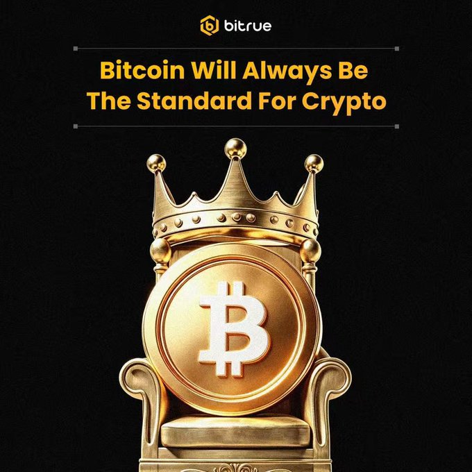 The image shows a golden Bitcoin coin wearing a crown, sitting on a golden throne against a black background, with the Bitrue logo and the text "Bitcoin Will Always Be The Standard For Crypto" above it—visually reinforcing the post's message that $BTC remains the go-to crypto standard for HODL-ers, now offering 6.5% APR flexible staking on Bitrue.