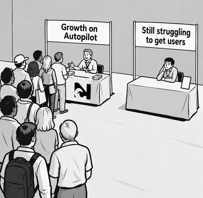 A black-and-white cartoon illustrating a tech conference where a crowded booth labeled "Growth on Autopilot" attracts a long line of attendees, while an empty booth next to it is labeled "Still struggling to get users."