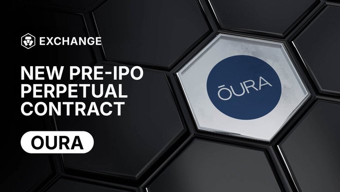 A promotional graphic for a cryptocurrency exchange announcing a 'NEW PRE-IPO PERPETUAL CONTRACT' for the OURA token, featuring a hexagonal logo design.