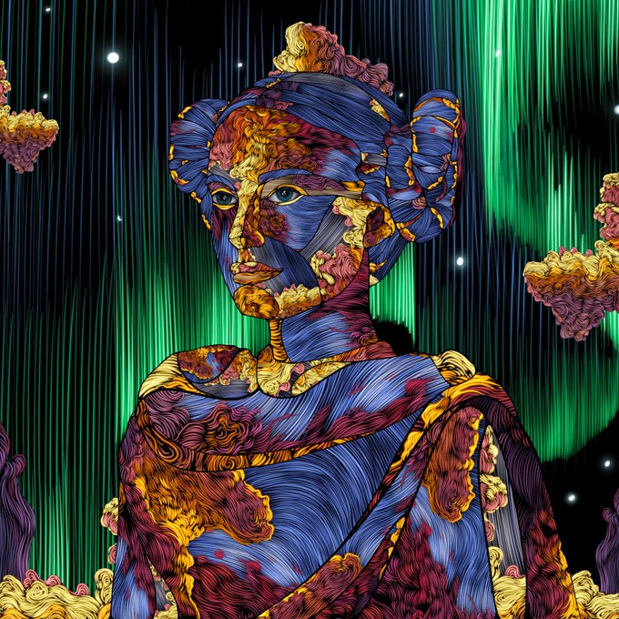 A vibrant, surreal digital artwork of a woman with braided buns against a green aurora-like background with floating cloud-like forms.