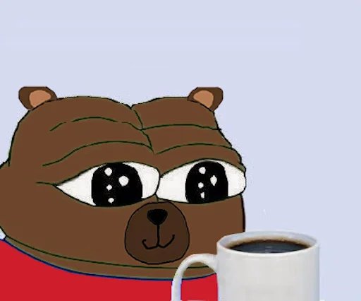 A cartoon illustration shows a brown bear with large sad eyes wearing a red shirt, holding a white mug of coffee against a light gray background.