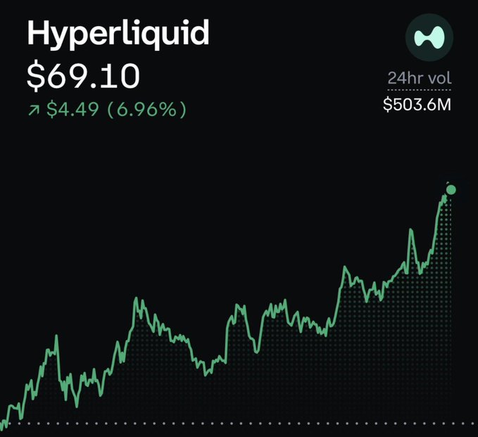 A financial chart displaying Hyperliquid (HYPE) at $69.10, up $4.49 (6.96%), with 24hr volume of $503.6M and a green rising price line.