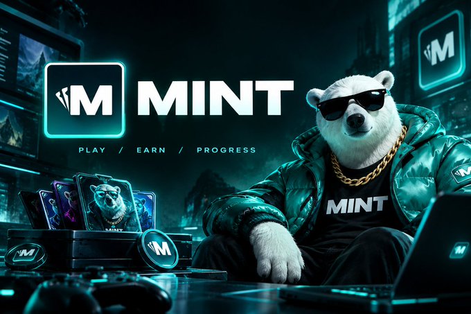 Promotional artwork for 'MINT' featuring a polar bear wearing sunglasses, a gold chain, and a teal puffer jacket sitting next to gaming equipment, with the tagline 'PLAY / EARN / PROGRESS'.