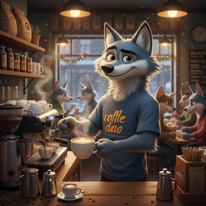 An animated wolf barista wearing a blue 'raffle dao' t-shirt pours latte art behind a coffee counter, with other wolf patrons seated in the cozy cafe.