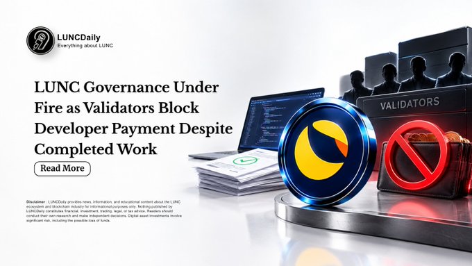 A LUNCDaily news graphic featuring the headline 'LUNC Governance Under Fire as Validators Block Developer Payment Despite Completed Work,' with images of validators and the LUNC cryptocurrency logo alongside a prohibition symbol.