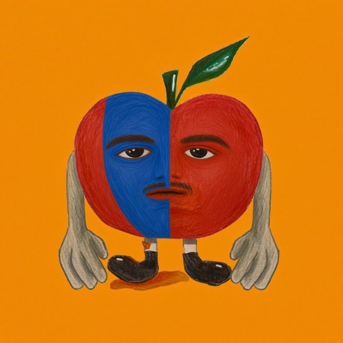 An illustration of an anthropomorphic apple with a sad face, split in blue and red coloring, with grey arms hanging at its sides and small black shoes.
