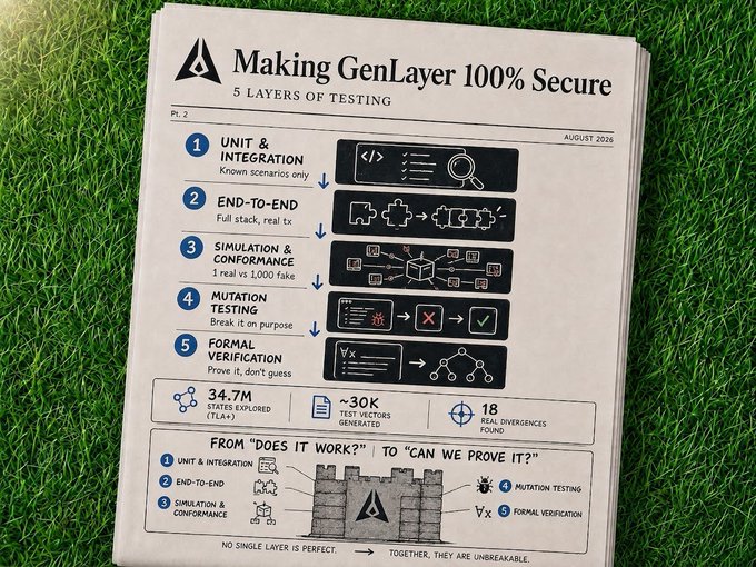 A GenLayer-branded infographic titled "Making GenLayer 100% Secure" lays out five testing layers—Unit & Integration, End-to-End, Simulation & Conformance, Mutation Testing, and Formal Verification—highlighting 34.7M states explored, ~30K test vectors, and 18 real divergences found. The post uses this layered testing pyramid to make the point that GenLayer's security approach goes beyond functional correctness toward probabilistic and mathematical confidence that the protocol actually works.